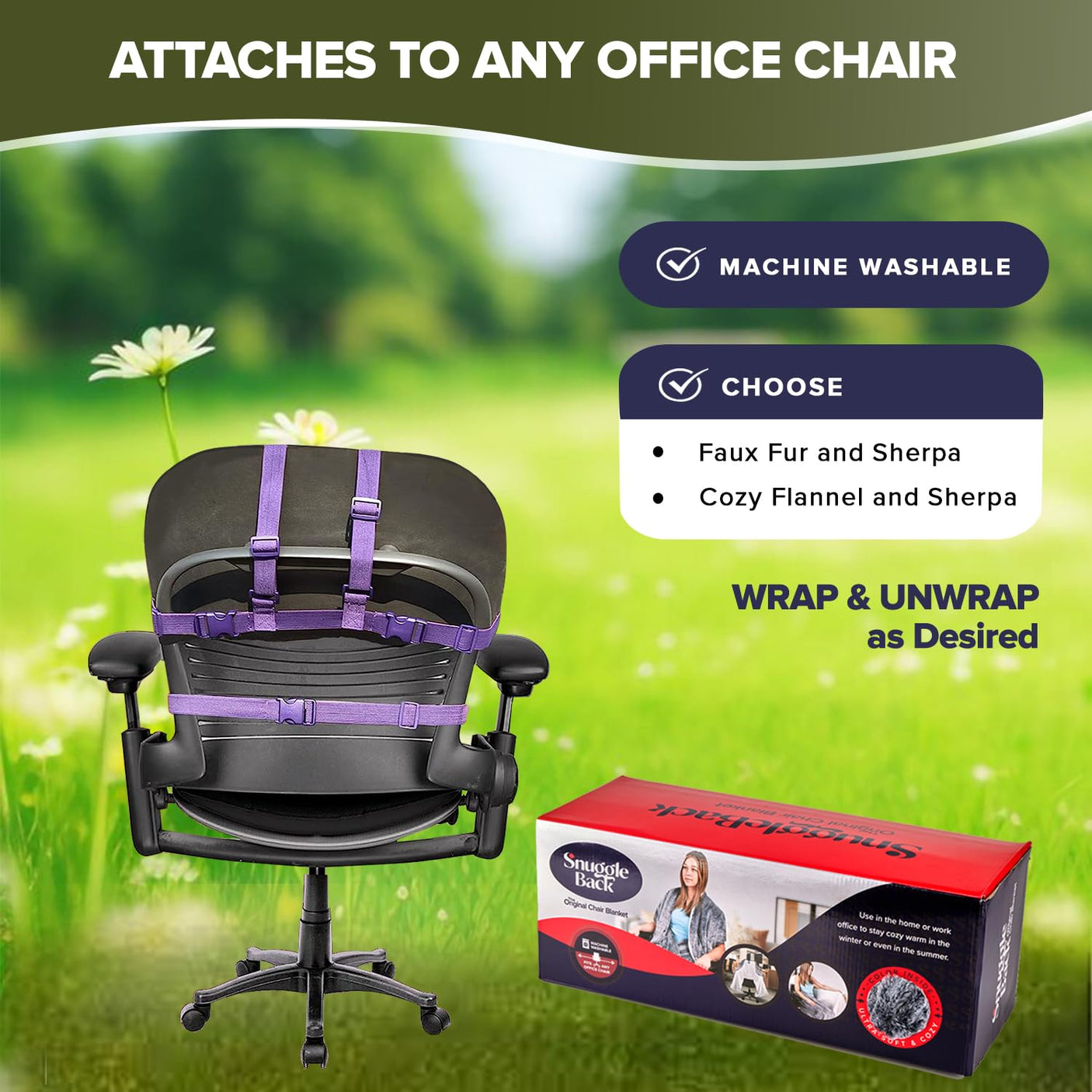 The Original Office Chair Blanket by SnuggleBack; Cozy Comfy Office Desk Chair Wrap Attaches for Convenient Heat and Hands-Free. Stay Warm In The Winter or Summer. Sherpa Fur Lining