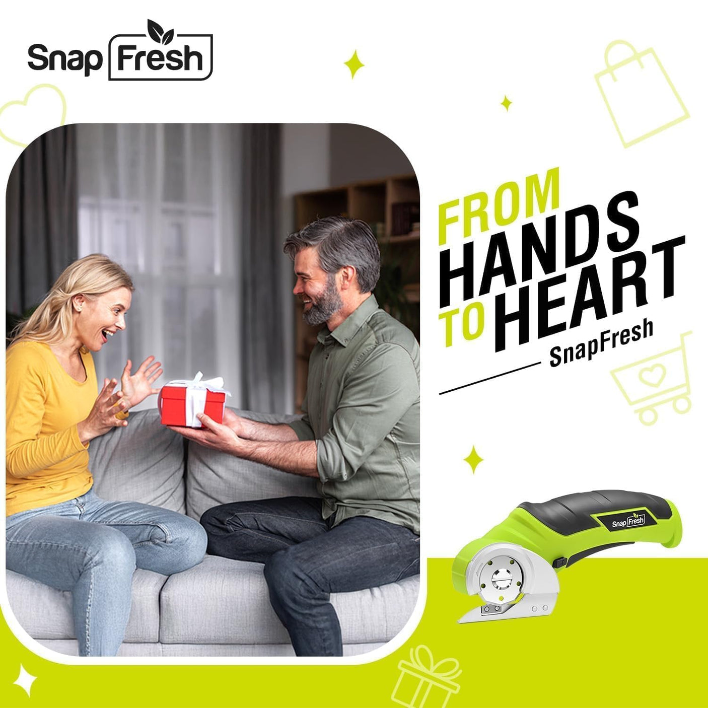 SnapFresh Cordless Electric Scissors, 4V Electric Mini Box Cutter, Carpet & Cardboard Cutter Tool with a Replacement Blade/Charger, Rotary Cutter for Cardboard Packages Leather Plastic (Green)