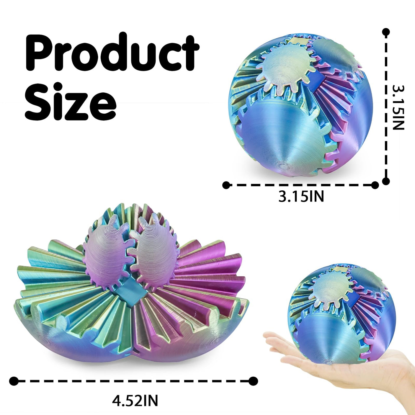 Gear Ball 3D Printed Cube Fidget Toy,Gear Sphere Fidget Toys,Sensory Toys for Stress and Anxiety Relief, Desk Toy Fidget Spinners,Stocking Stuffers for Adults & Kids Gift(Blue Green, 3.1 Inch)