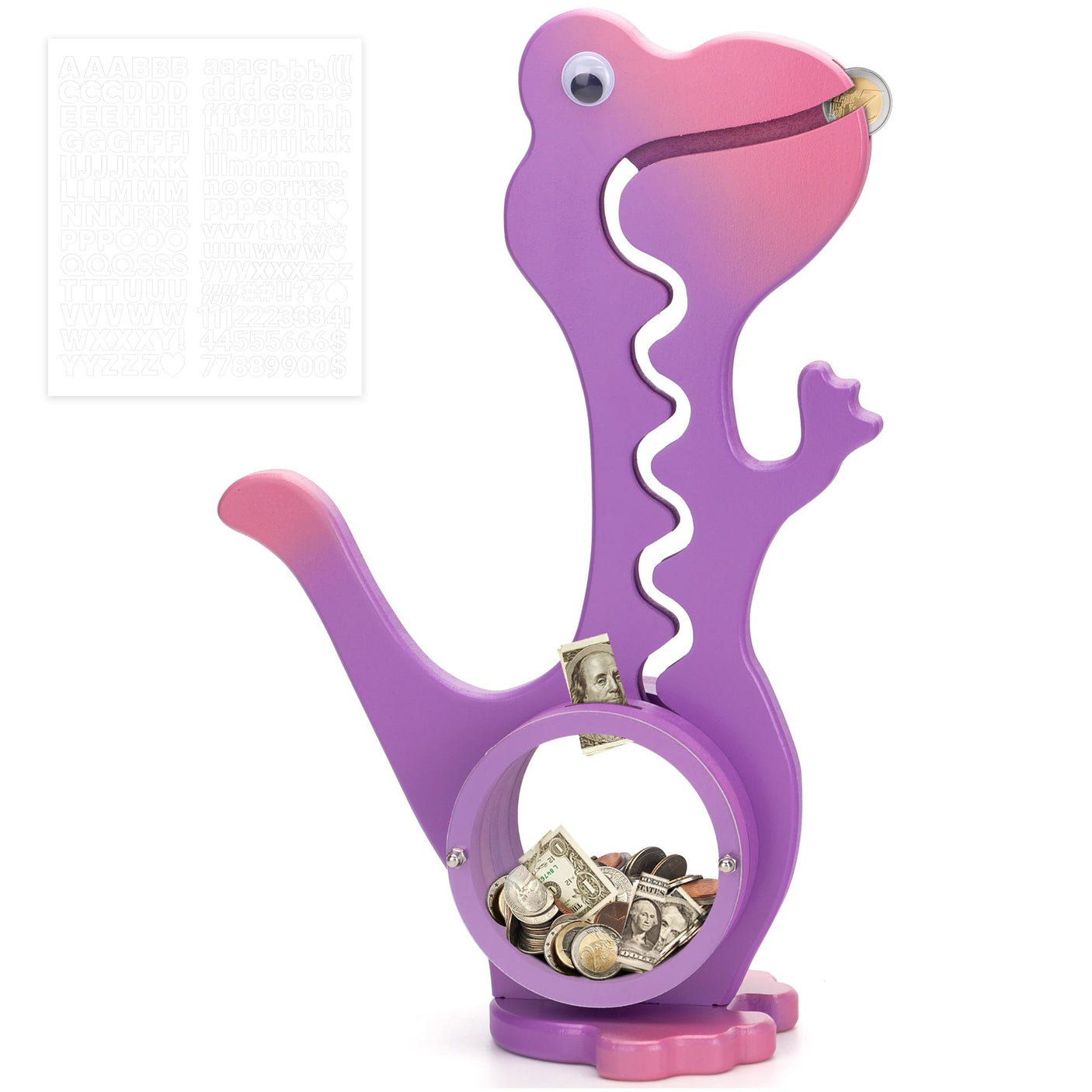 Wooden Dinosaur Piggy Bank Boalord for Boys Kids Girls Clear Big Belly Animal Coin Bank for Toddler Real Money Toy(Dino-Blue)