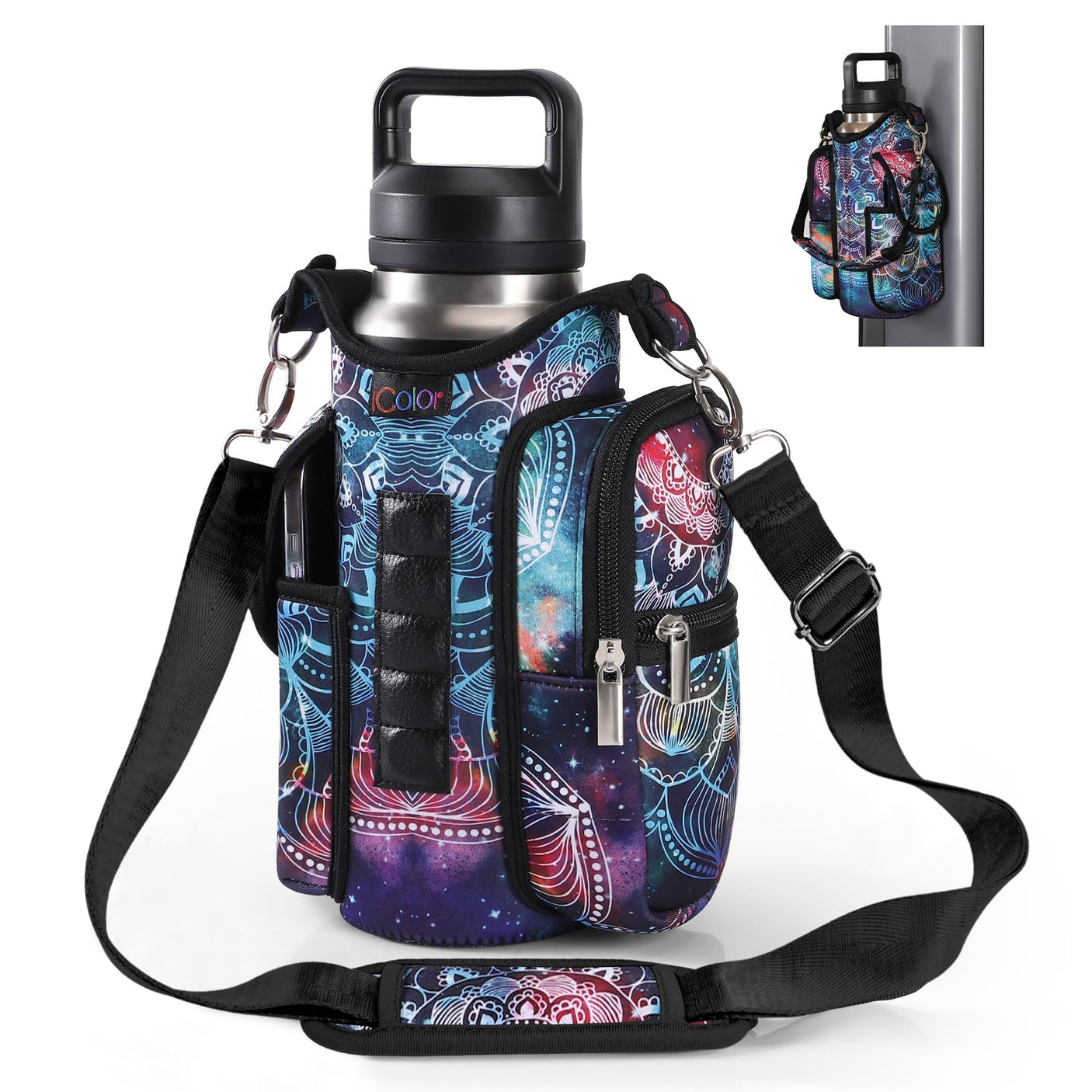 icolor Magnetic Gym Bag Water Bottle Carrier Holder with Phone Pockets & Shoulder Strap,5 Built-in Magnets Gym Bottle Pouch Sleeve,Magnetic Bag Gym Accessories Organizer for Men Women