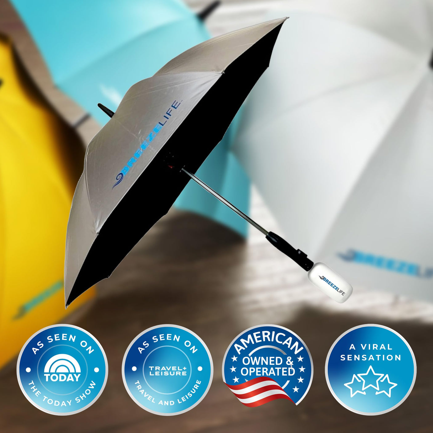 Original Mister Breeze, Sun Umbrella with Fan and Mister, Umbrella Mister with Built-in Fan for Festivals, Beach and More, Blocks Harmful Sun Rays, Mist bottle included, Silver