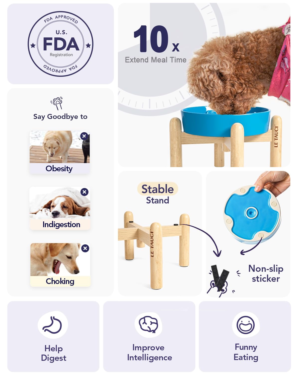 LE TAUCI Dog Bowls Slow Feeder Ceramic, 1.5 Cups Slow Feeding Dog Bowl Small Medium Breed, Puppy Slow Feeder Bowl for Fast Eater, Dog Dishes to Slow Down Eating, Puzzle Dog Food Bowl, Maze Purple