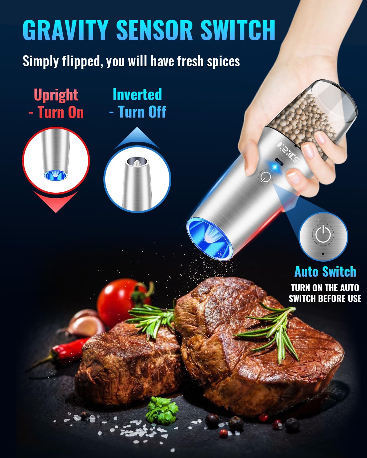 Gravity Electric Pepper and Salt Grinder Set, Salt and Pepper Mill & Adjustable Coarseness, Battery Powered with LED Light, One Hand Automatic Operation, Stainless Steel (Set/Silver)