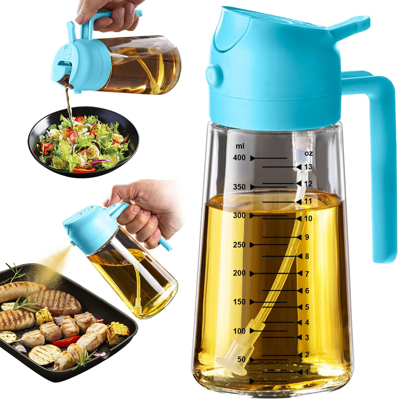 TrendPlain 16oz/470ml Glass Olive Oil Sprayer for Cooking - 2 in 1 Olive Oil Dispenser for Kitchen Gadgets, Air Fryer, Salad, and BBQ - Navy