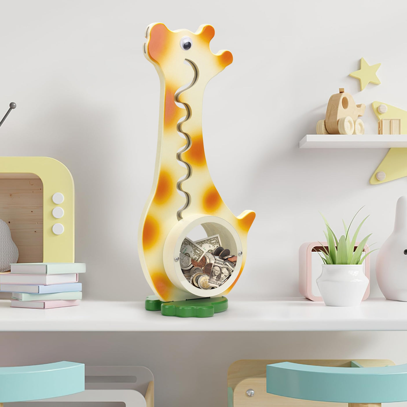 Wooden Dinosaur Piggy Bank Boalord for Boys Kids Girls Clear Big Belly Animal Coin Bank for Toddler Real Money Toy(Dino-Blue)