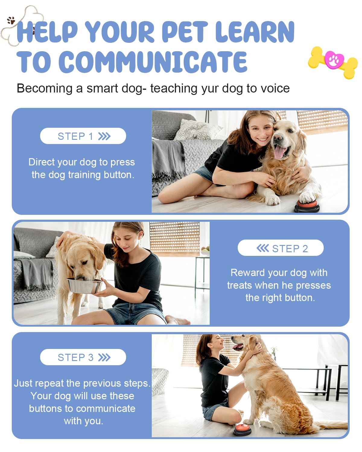 Dog Buttons for Communication, 8 Pcs Dog Talking Button Set, 30s Recordable Voice Pet Buzzer Training Buttons, Speaking Button for Dogs with Waterproof Anti-Slip Dog Button Mat and 48 Scene Stickers
