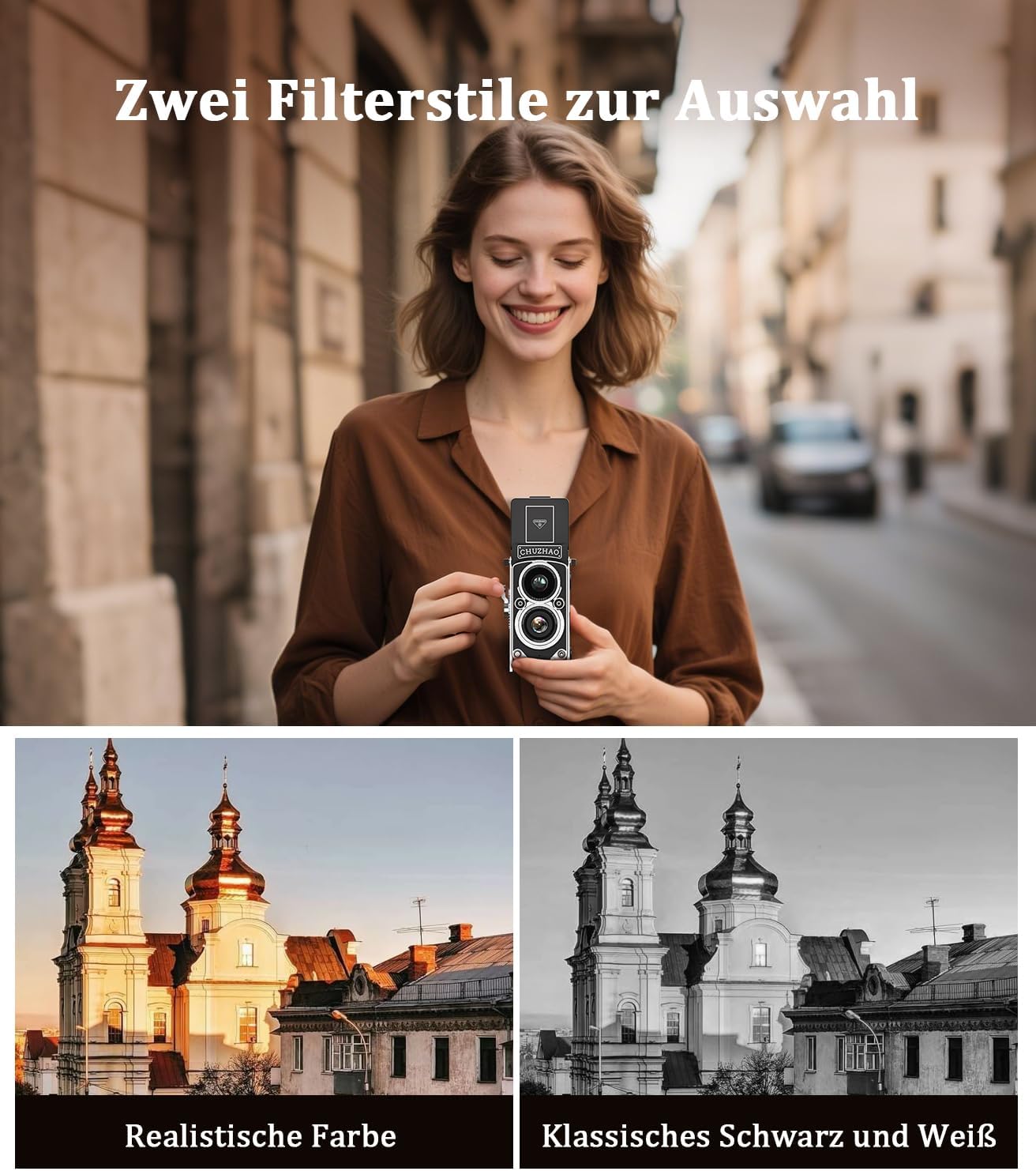 CHUZHAO Digital Camera Retro, Portable TLR Style Twin-Lens Vintage Camera, 12MP Autofocus 1080P FHD Point and Shoot Pocket Vlogging Retro Digital Cameras with16 GB Card for Beginners Teens Boys Girls
