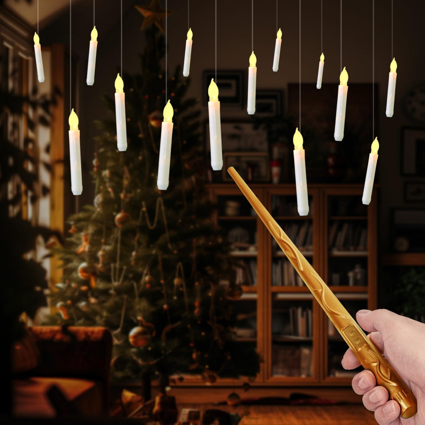 20 Pcs Floating Candles with Wand, Hanging Candles with Timer, Magic Deco Candles Flickering Warm Light, Flameless Taper Candles with Wand Remote, LED Candlesticks for Birthday Halloween Party Decor