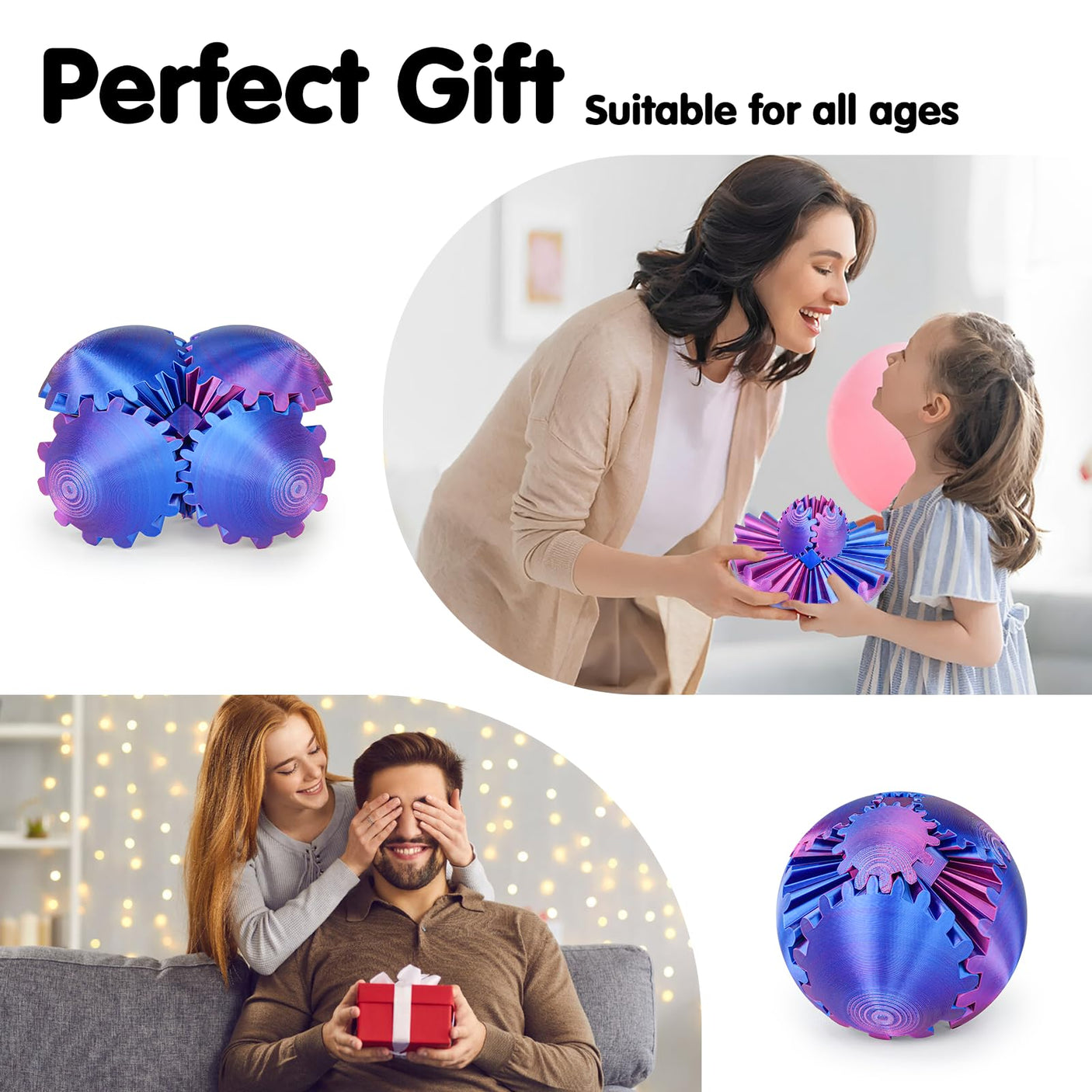 Gear Ball 3D Printed Cube Fidget Toy,Gear Sphere Fidget Toys,Sensory Toys for Stress and Anxiety Relief, Desk Toy Fidget Spinners,Stocking Stuffers for Adults & Kids Gift(Blue Green, 3.1 Inch)