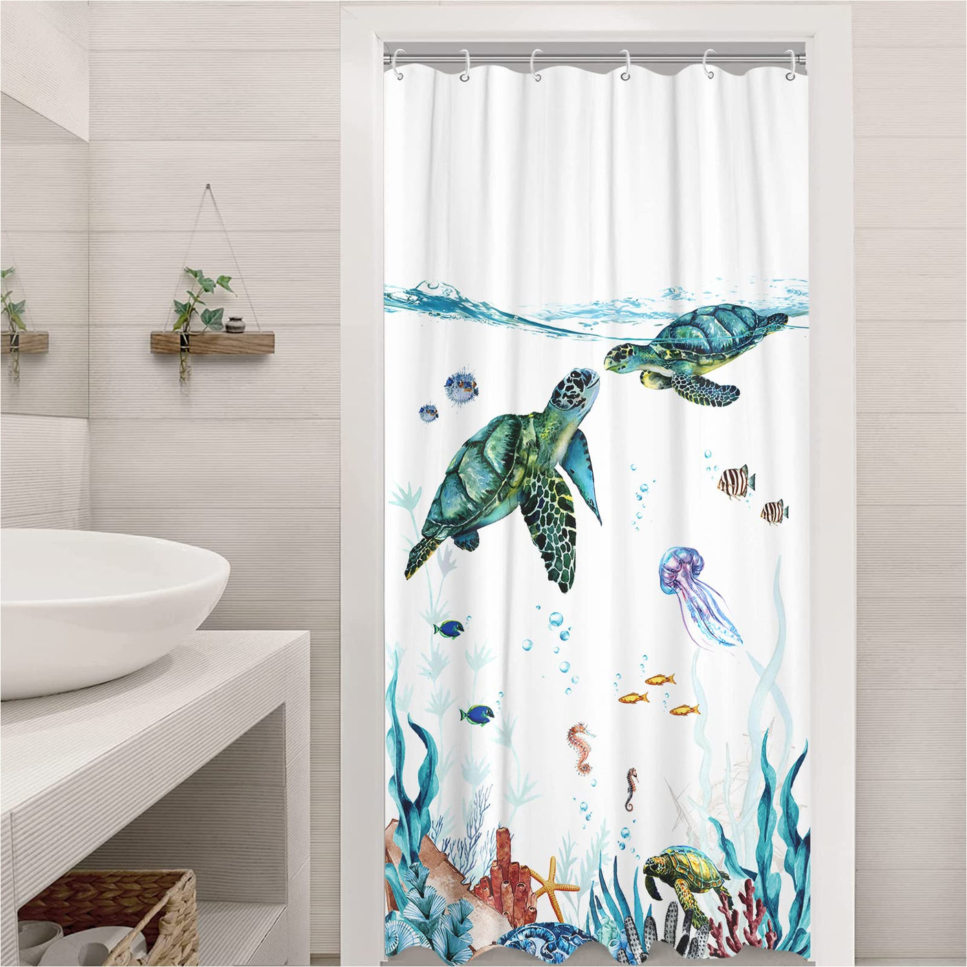 Fowocu Funny Cat Shower Curtain Set Teal Blue Sea Ocean Waterproof Fabric Shower Curtains with Animal Octopus Starfish Turtle Anchor Fish Nautical Bathroom Decor (Blue, 72''×72'')