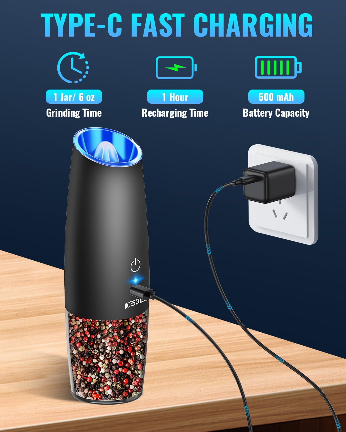 Gravity Electric Pepper and Salt Grinder Set, Salt and Pepper Mill & Adjustable Coarseness, Battery Powered with LED Light, One Hand Automatic Operation, Stainless Steel (Set/Silver)