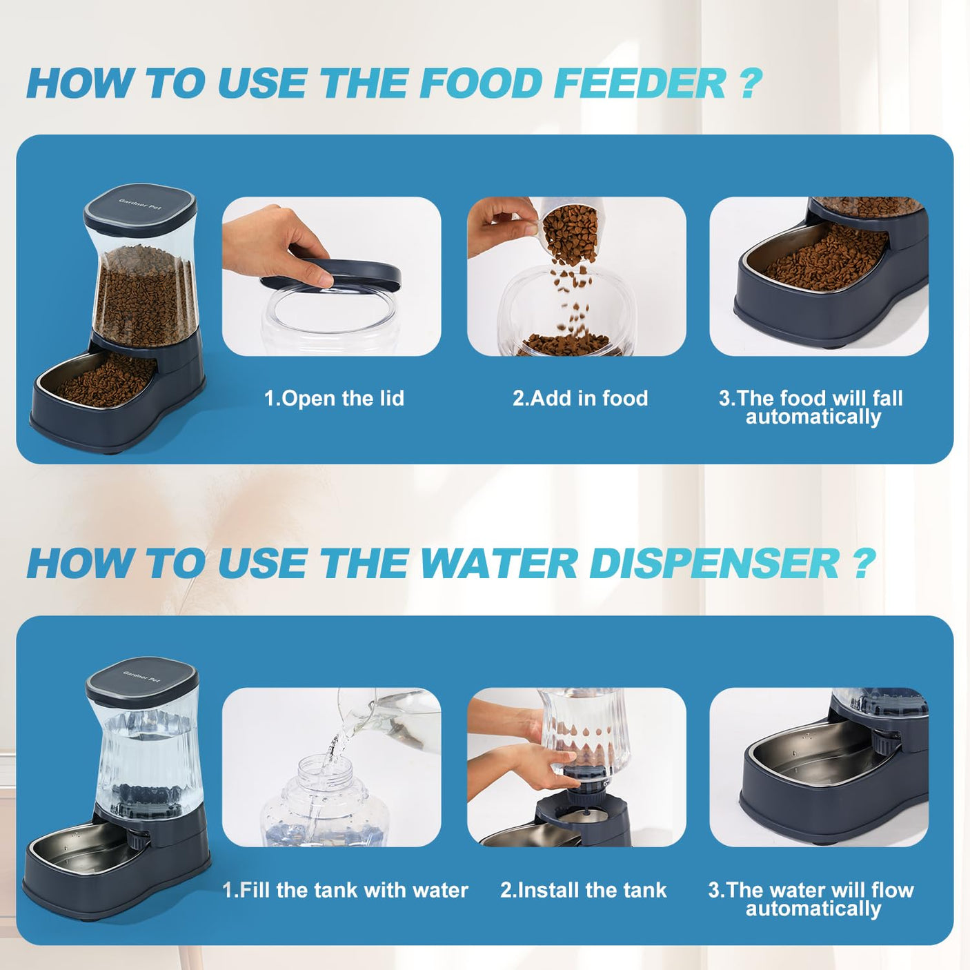 Gardner Pet Automatic Dog Water Dispenser Gravity Stainless Steel Water Waterer Feeder, 100% BPA-Free Large Capacity Water Feeding Bowls for Medium & Large-Sized Dogs Cats Other Pets -(1 Gallon)