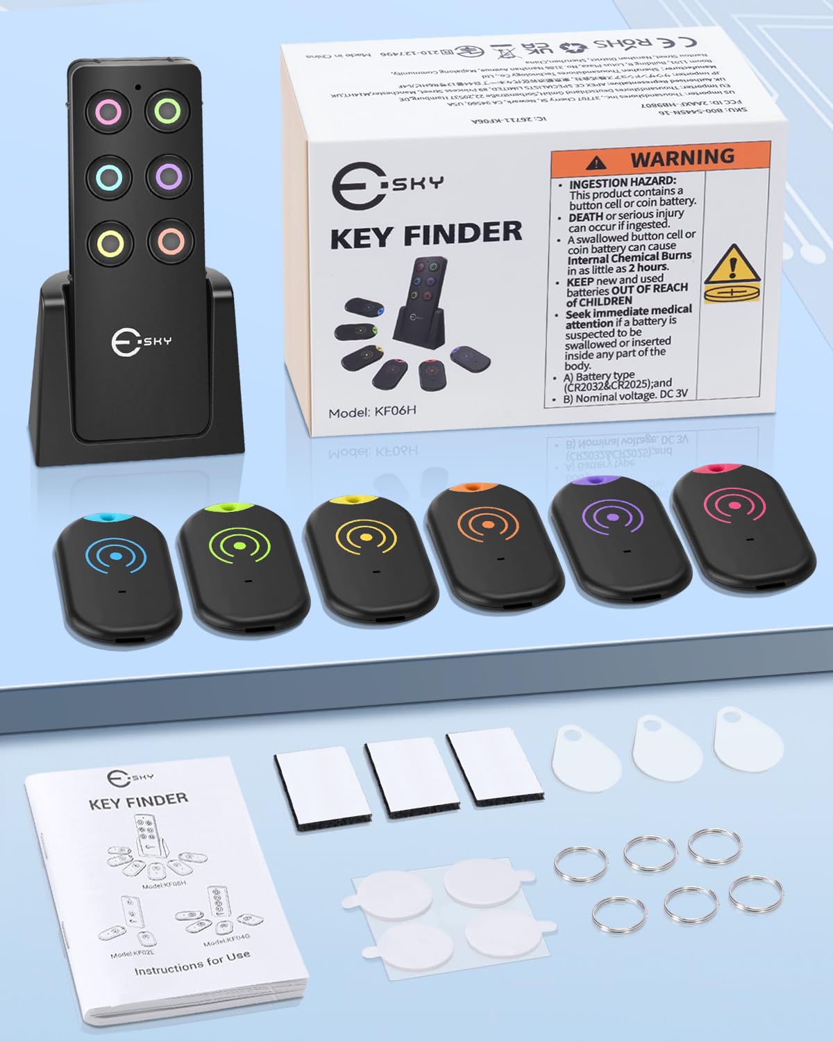 Esky Key Finder Locator with Sound, Stick-on TV Remote Control Finder, Item Locator Tags with 85dB Noise Sound 6 Receivers, Wallet Tracker Key Finders for Finding Keys, Remote Gift Idea