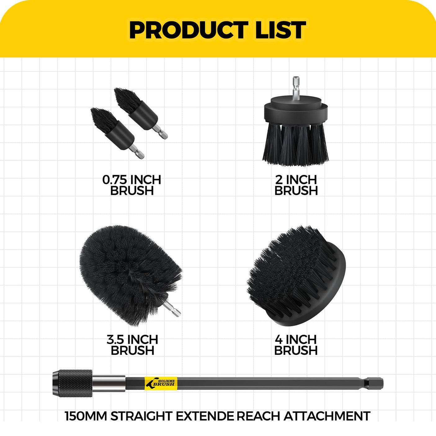 Holikme 6Pack Drill Brush Power Scrubber Cleaning Brush Extended Long Attachment Set All Purpose Drill Scrub Brushes Kit for Grout, Floor, Tub, Bathroom and Kitchen Surface,Scratch Brushes(Yellow)