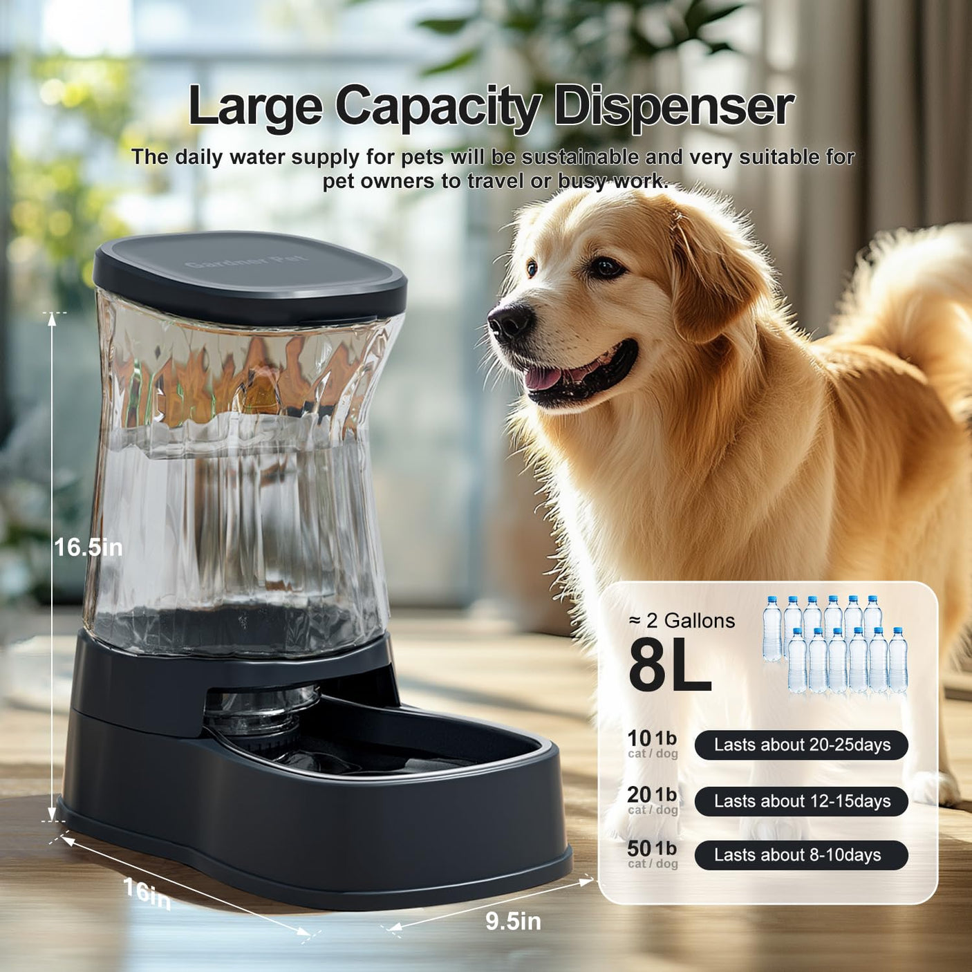 Gardner Pet Automatic Dog Water Dispenser Gravity Stainless Steel Water Waterer Feeder, 100% BPA-Free Large Capacity Water Feeding Bowls for Medium & Large-Sized Dogs Cats Other Pets -(1 Gallon)