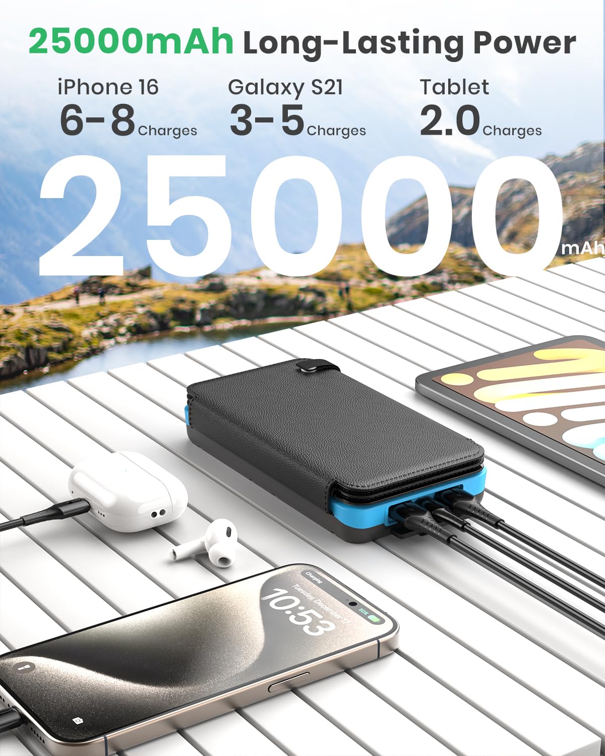 Hiluckey Solar Charger 25000mAh, Outdoor USB C Portable Power Bank with 4 Solar Panels, 3A Fast Charge External Battery Pack with 3 USB Outputs Compatible with Smartphones, Tablets, etc.