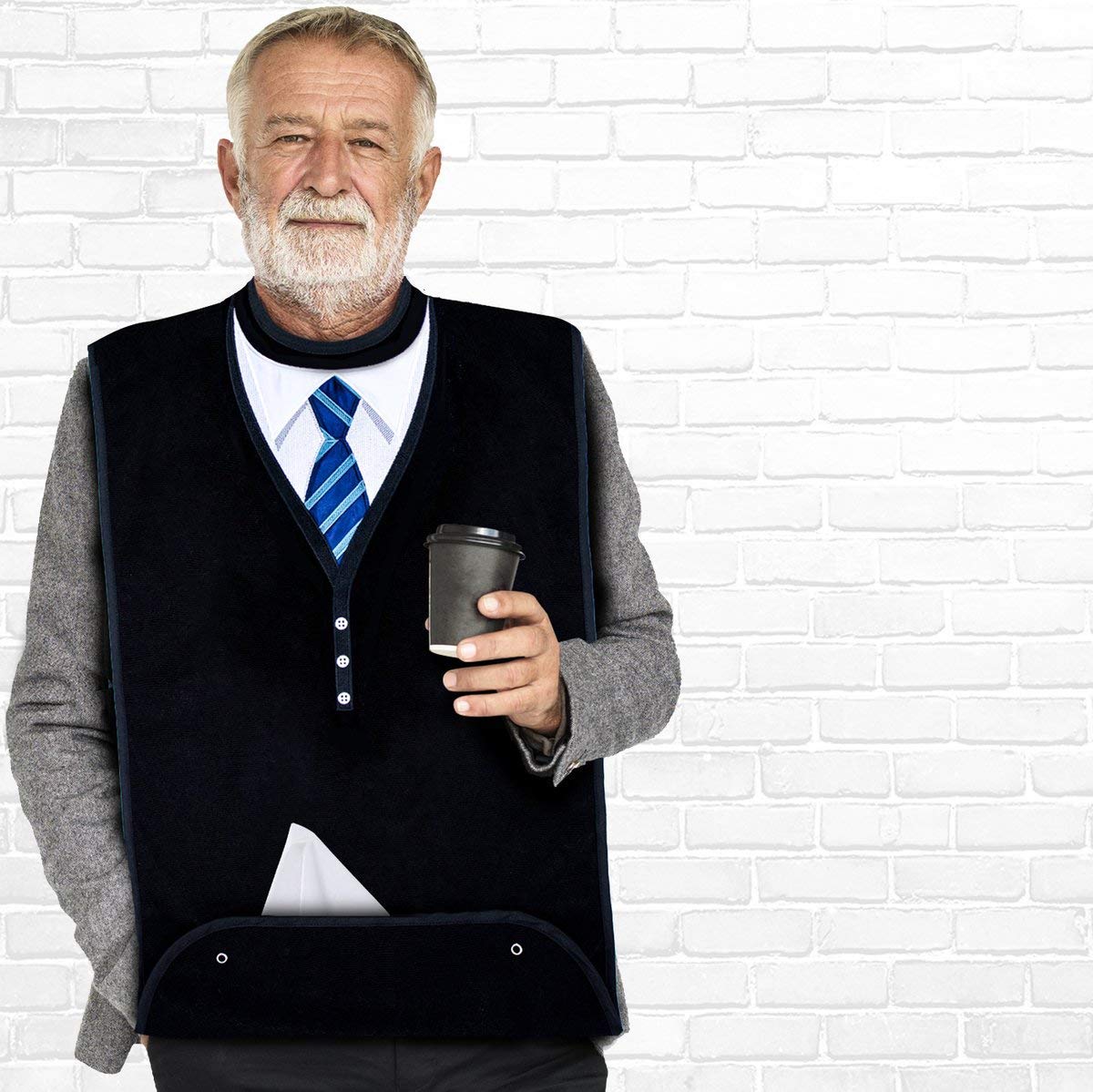 Adult Bibs for Men, Dress ‘n Dine™ Clothing Protectors for Eating, Senior Adult Bib Terry Cloth Crumb Catcher, Embroidered Design, Waterproof, Reusable, Washable (Blue Tie + Tuxedo)