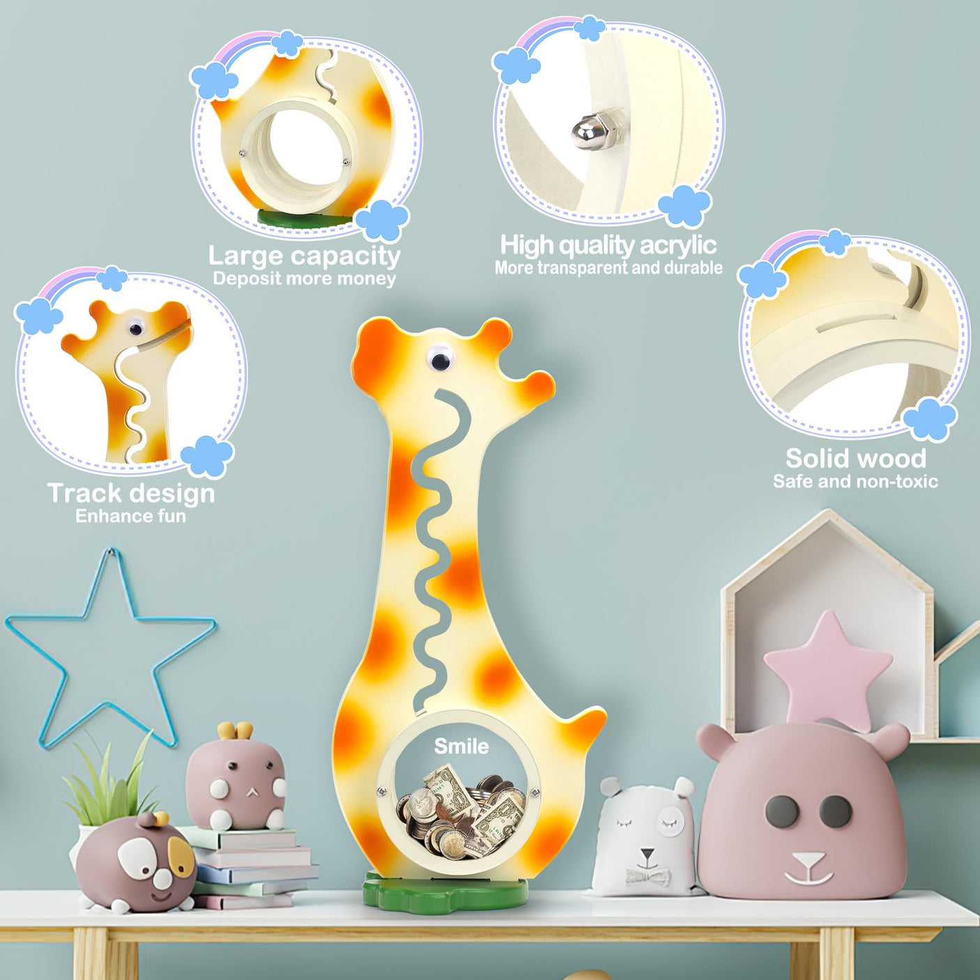 Wooden Dinosaur Piggy Bank Boalord for Boys Kids Girls Clear Big Belly Animal Coin Bank for Toddler Real Money Toy(Dino-Blue)