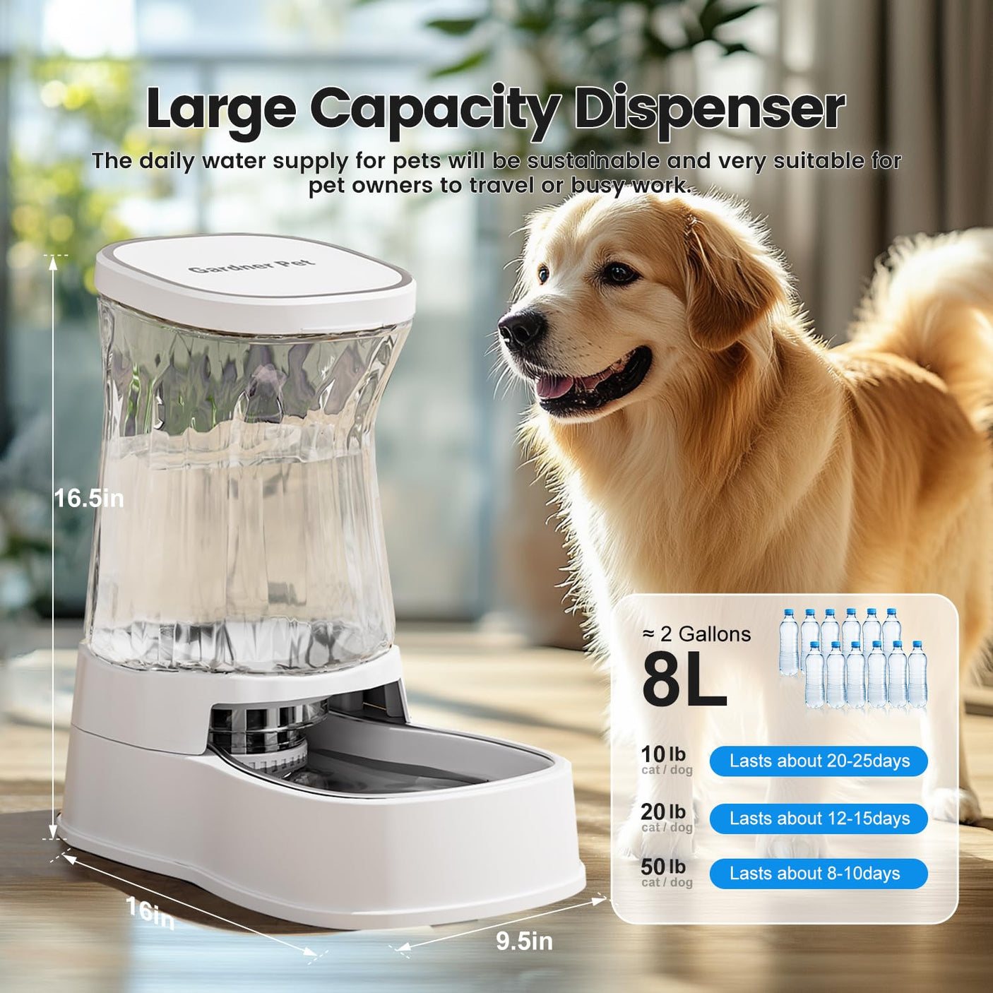 Gardner Pet Automatic Dog Water Dispenser Gravity Stainless Steel Water Waterer Feeder, 100% BPA-Free Large Capacity Water Feeding Bowls for Medium & Large-Sized Dogs Cats Other Pets -(1 Gallon)