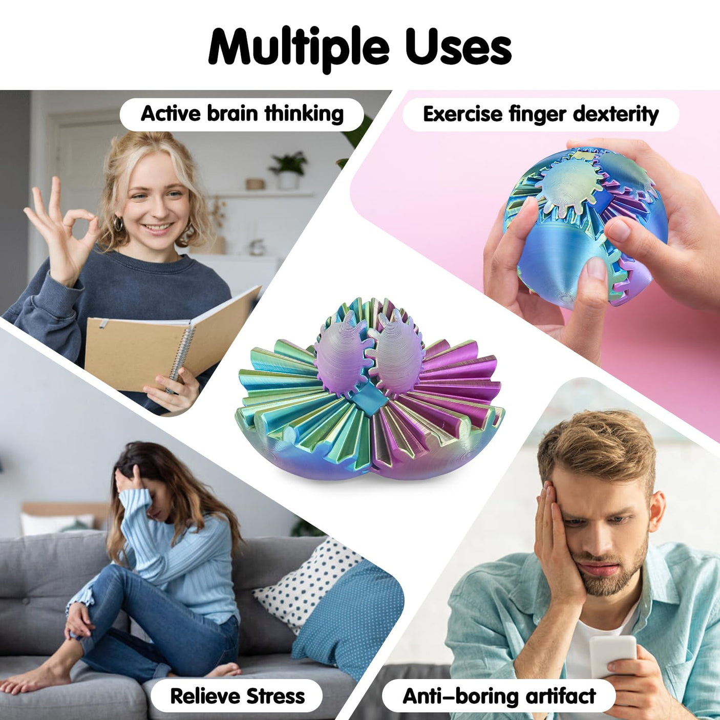 Gear Ball 3D Printed Cube Fidget Toy,Gear Sphere Fidget Toys,Sensory Toys for Stress and Anxiety Relief, Desk Toy Fidget Spinners,Stocking Stuffers for Adults & Kids Gift(Blue Green, 3.1 Inch)