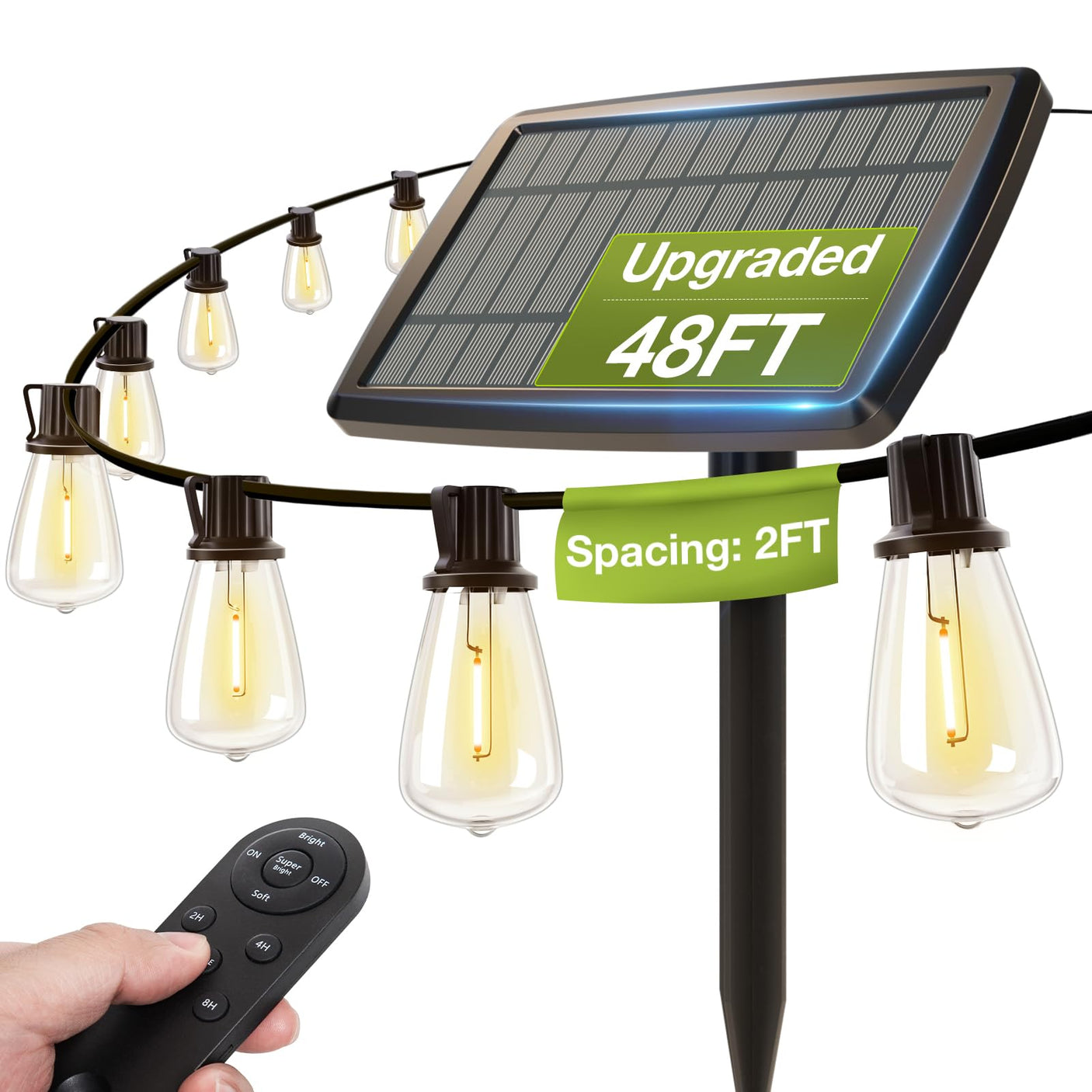 addlon 54(48+6) FT Solar String Lights Waterproof,Patio Lights Solar Powered with Remote & USB Port 15+1 LED Shatterproof Bulbs 3 Light Modes, Dimmable Solar Light for Camping Backyard Garden