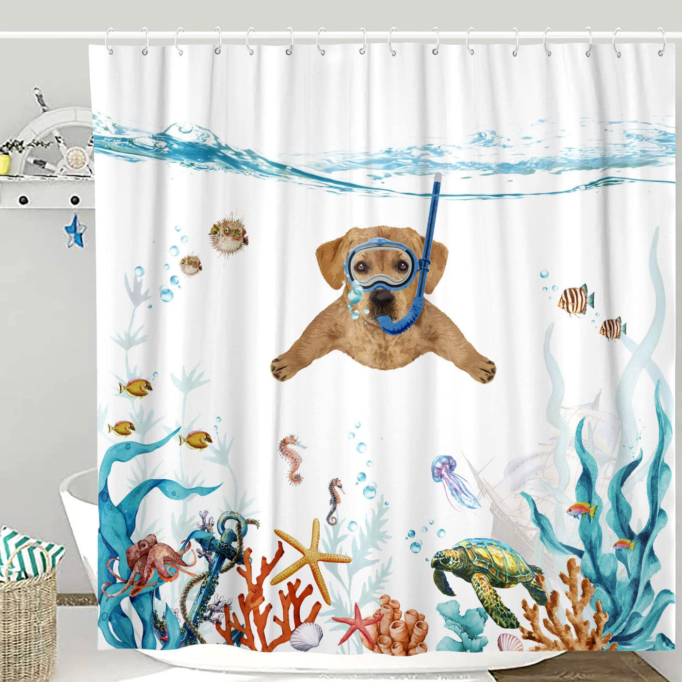 Fowocu Funny Cat Shower Curtain Set Teal Blue Sea Ocean Waterproof Fabric Shower Curtains with Animal Octopus Starfish Turtle Anchor Fish Nautical Bathroom Decor (Blue, 72''×72'')