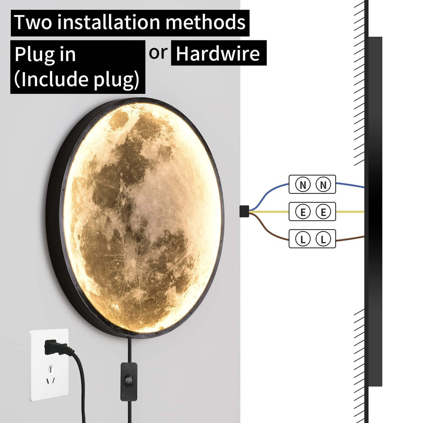 QIYIMEILUX Dimmable Moon Wall Sconce Plug in Modern LED Wall Light with Remote Control 19.7 inch 24W Black Wall Lamp Indoor Wall Mounted Lighting Ceiling Light for Living Room Bedroom(Moon)