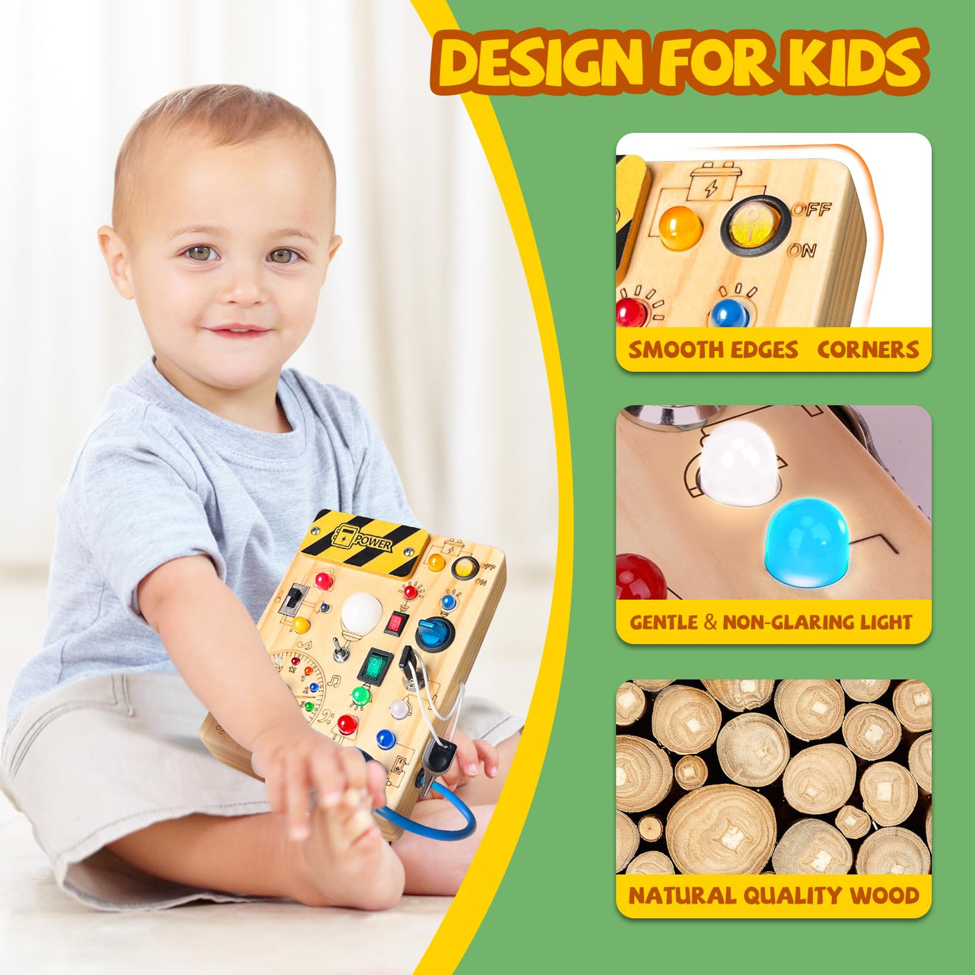 Busy Board, Montessori Toy for 1-3 Years Old, Wooden Toddler Sensory Travel Toy, Ideal Gift for 1+ Year Old Boys (Busy Board Plus V2), Medium, Yellow