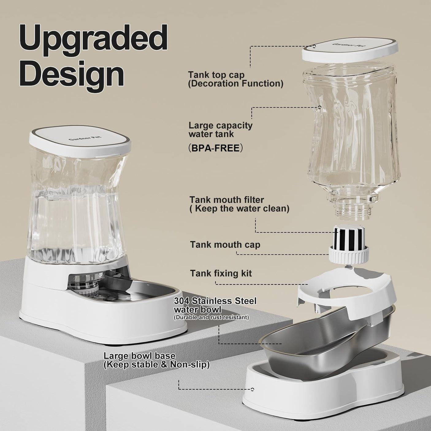 Gardner Pet Automatic Dog Water Dispenser Gravity Stainless Steel Water Waterer Feeder, 100% BPA-Free Large Capacity Water Feeding Bowls for Medium & Large-Sized Dogs Cats Other Pets -(1 Gallon)