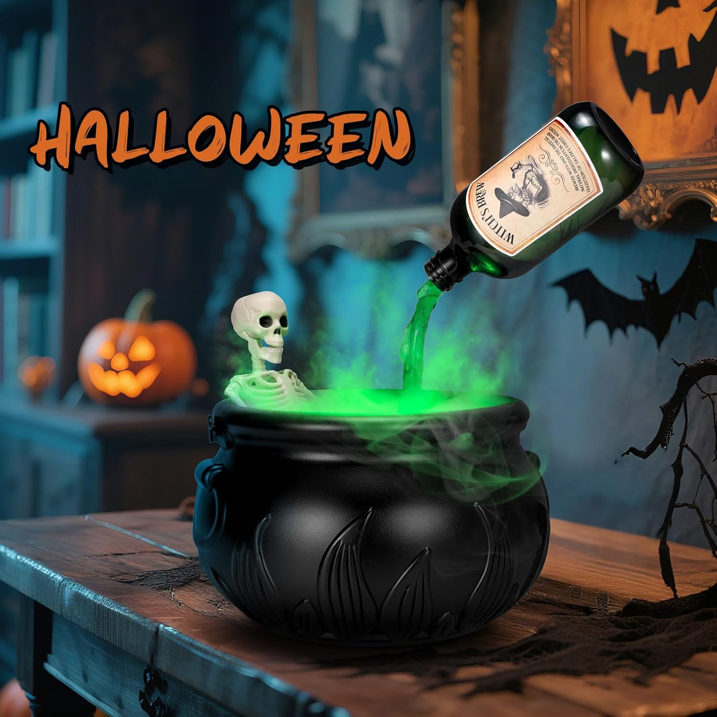 Halloween Decorations Indoor - Cauldron Decor with Skeleton, Magic Floating Potion Bottles & Fog Maker - Black Witches Cauldron Halloween Party Decoration for Home Table