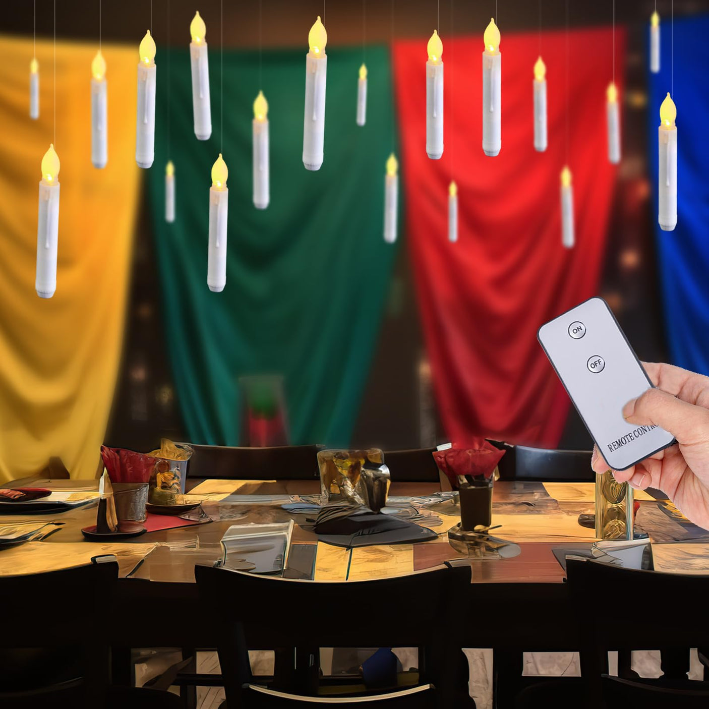 20 Pcs Floating Candles with Wand, Hanging Candles with Timer, Magic Deco Candles Flickering Warm Light, Flameless Taper Candles with Wand Remote, LED Candlesticks for Birthday Halloween Party Decor