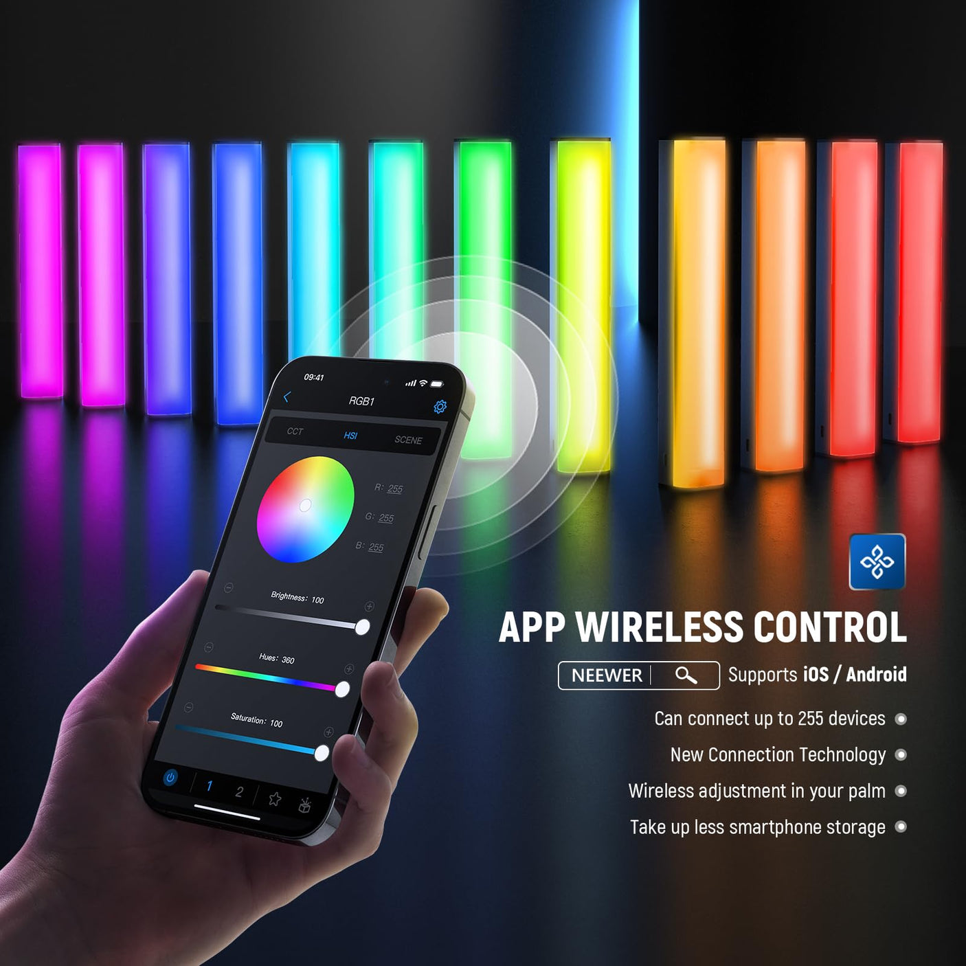 NEEWER RGB LED Video Light Stick, Touch Bar & APP Control, Magnetic Handheld Photography Lighting Wand, Dimmable 3200K~5600K CRI98+ Full Color LED Light with 6400mAh Battery, 17 Scenes, RGB1