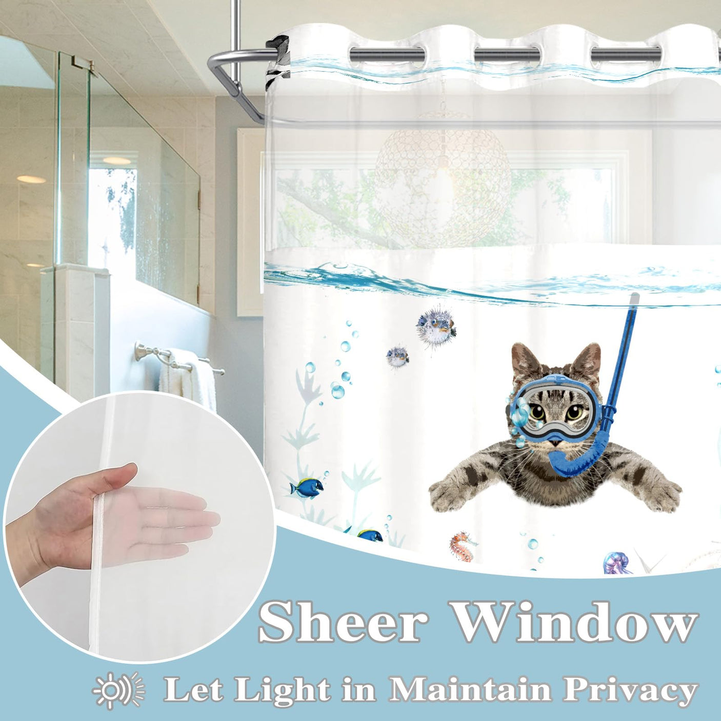 Fowocu Funny Cat Shower Curtain Set Teal Blue Sea Ocean Waterproof Fabric Shower Curtains with Animal Octopus Starfish Turtle Anchor Fish Nautical Bathroom Decor (Blue, 72''×72'')