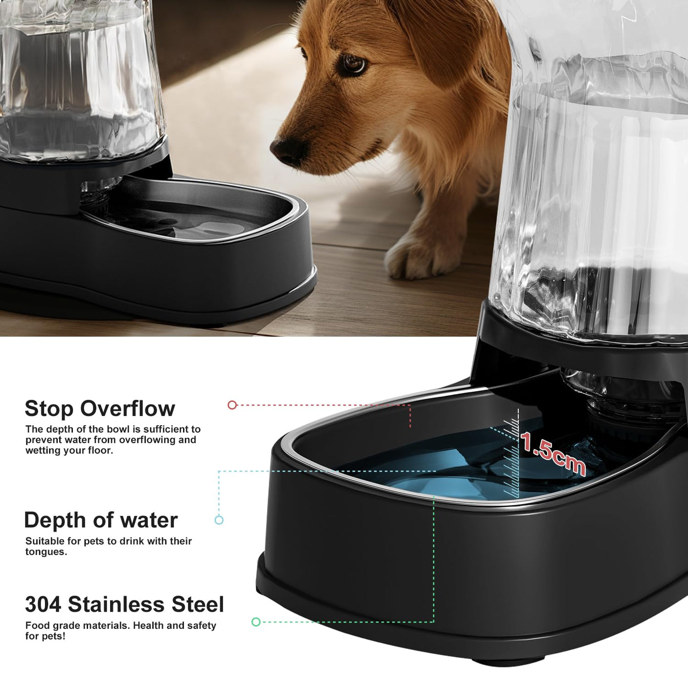 Gardner Pet Automatic Dog Water Dispenser Gravity Stainless Steel Water Waterer Feeder, 100% BPA-Free Large Capacity Water Feeding Bowls for Medium & Large-Sized Dogs Cats Other Pets -(1 Gallon)