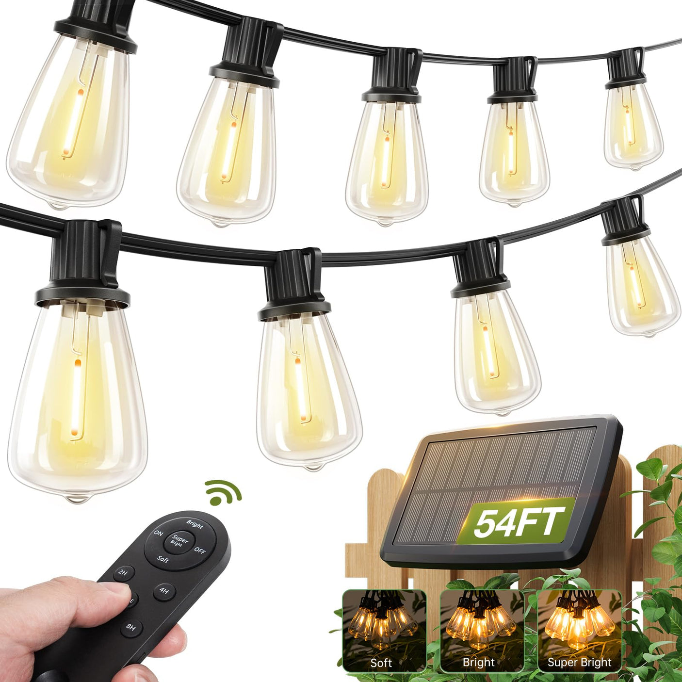 addlon 54(48+6) FT Solar String Lights Waterproof,Patio Lights Solar Powered with Remote & USB Port 15+1 LED Shatterproof Bulbs 3 Light Modes, Dimmable Solar Light for Camping Backyard Garden