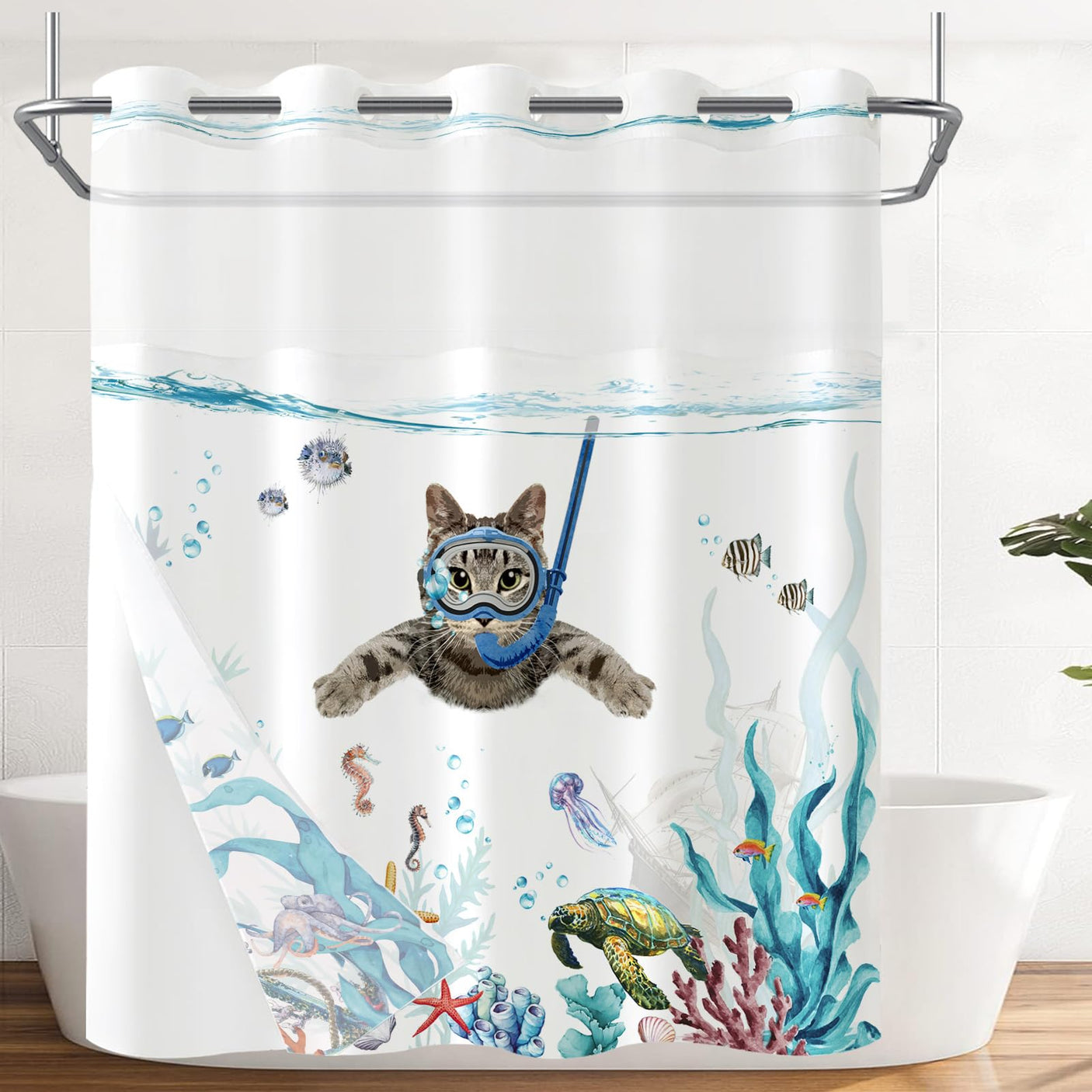 Fowocu Funny Cat Shower Curtain Set Teal Blue Sea Ocean Waterproof Fabric Shower Curtains with Animal Octopus Starfish Turtle Anchor Fish Nautical Bathroom Decor (Blue, 72''×72'')