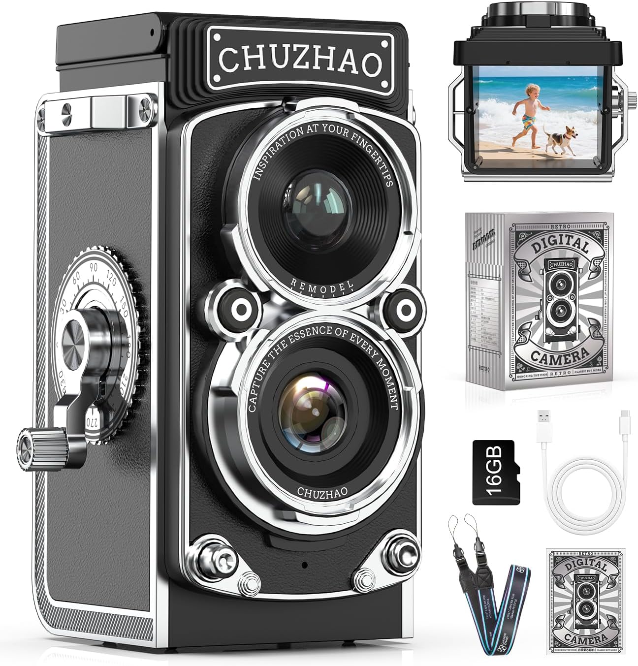 CHUZHAO Digital Camera Retro, Portable TLR Style Twin-Lens Vintage Camera, 12MP Autofocus 1080P FHD Point and Shoot Pocket Vlogging Retro Digital Cameras with16 GB Card for Beginners Teens Boys Girls