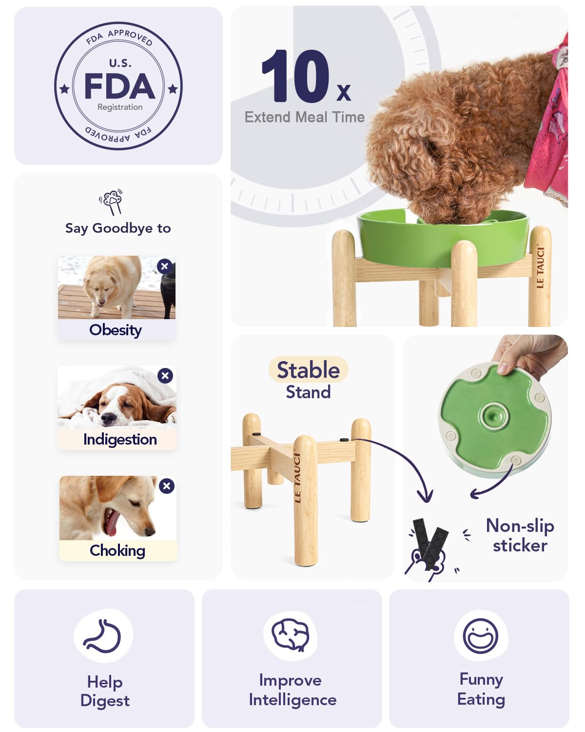 LE TAUCI Dog Bowls Slow Feeder Ceramic, 1.5 Cups Slow Feeding Dog Bowl Small Medium Breed, Puppy Slow Feeder Bowl for Fast Eater, Dog Dishes to Slow Down Eating, Puzzle Dog Food Bowl, Maze Purple