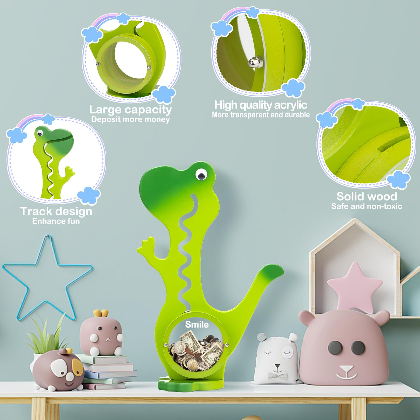 Wooden Dinosaur Piggy Bank Boalord for Boys Kids Girls Clear Big Belly Animal Coin Bank for Toddler Real Money Toy(Dino-Blue)
