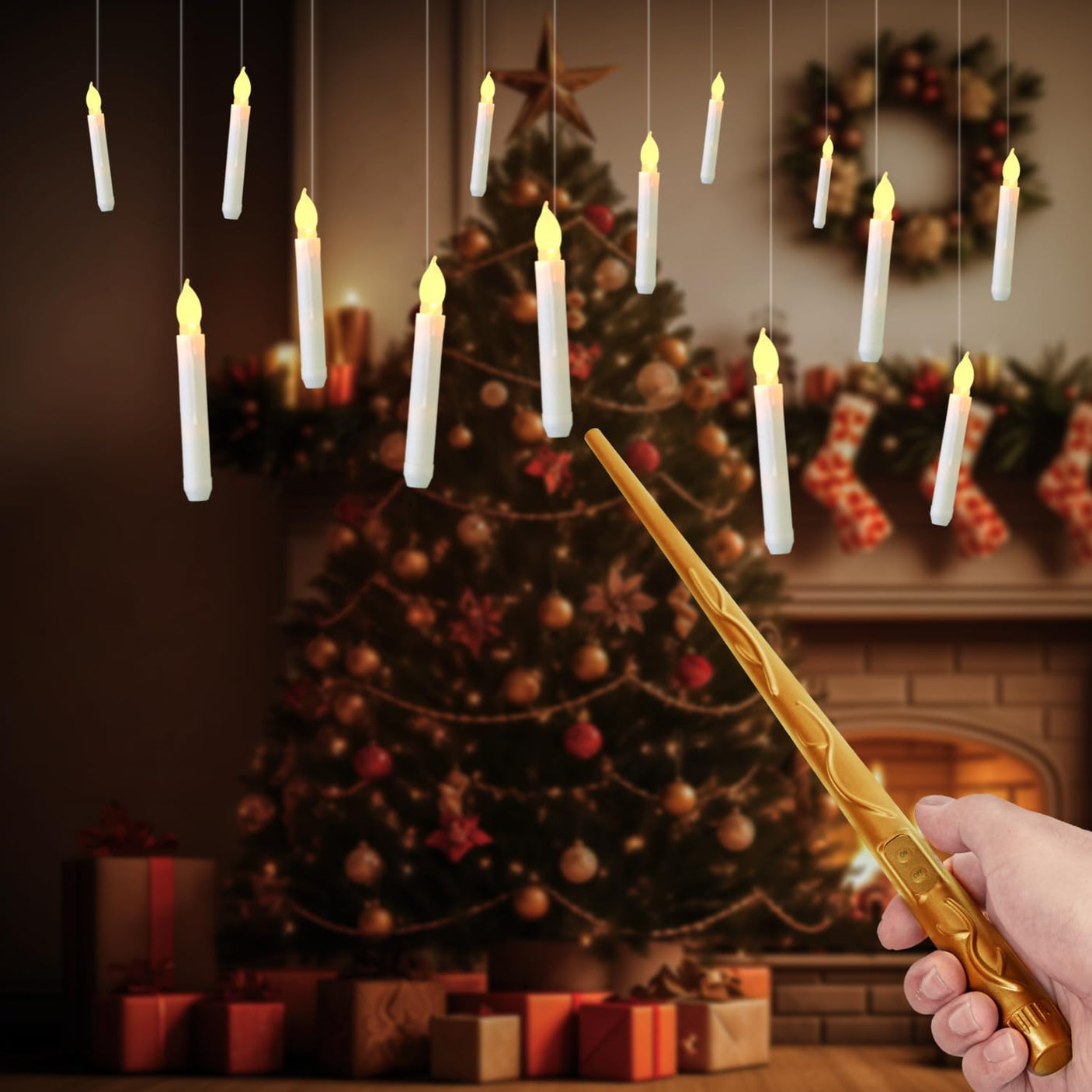 20 Pcs Floating Candles with Wand, Hanging Candles with Timer, Magic Deco Candles Flickering Warm Light, Flameless Taper Candles with Wand Remote, LED Candlesticks for Birthday Halloween Party Decor