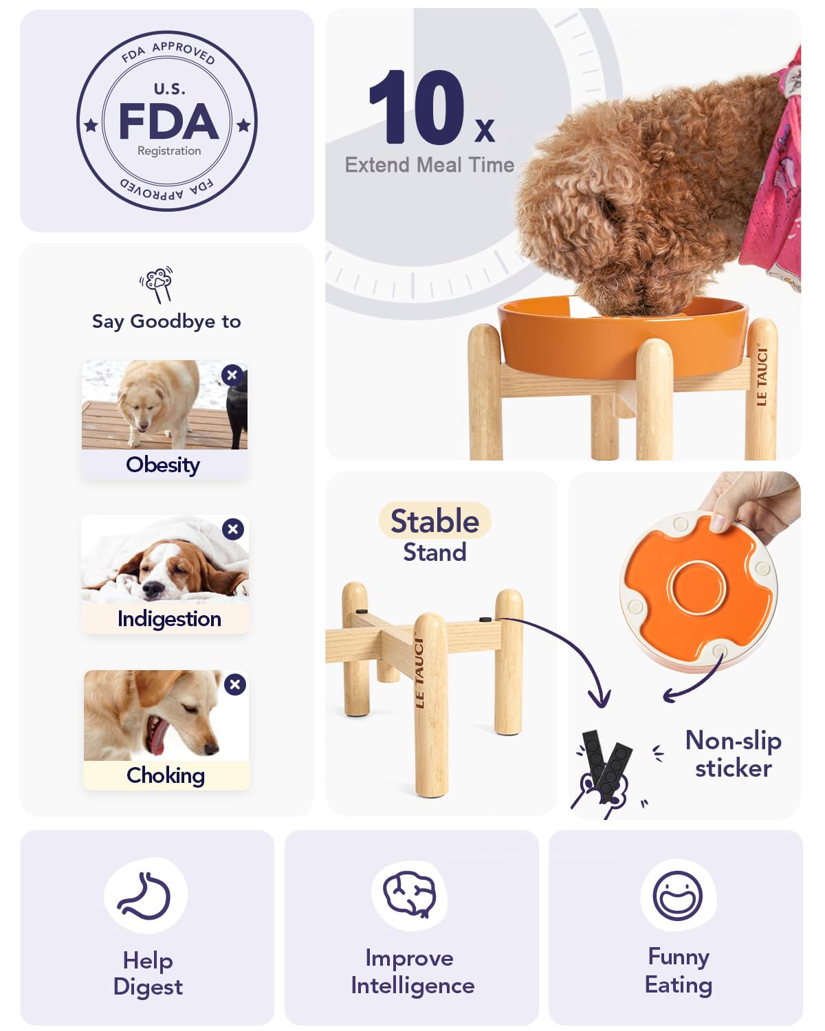 LE TAUCI Dog Bowls Slow Feeder Ceramic, 1.5 Cups Slow Feeding Dog Bowl Small Medium Breed, Puppy Slow Feeder Bowl for Fast Eater, Dog Dishes to Slow Down Eating, Puzzle Dog Food Bowl, Maze Purple