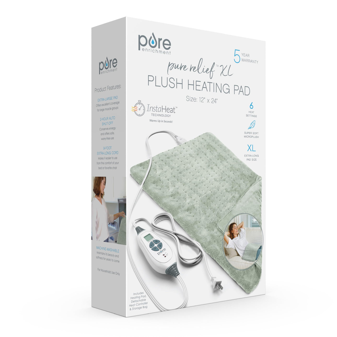Pure Enrichment® PureRelief® XL Heating Pad - 12" x 24" Electric Heating Pad for Back Pain & Cramps, 6 Heat Settings, Soft Machine Wash Fabric, Auto-Off & Moist Heat (Charcoal Gray)