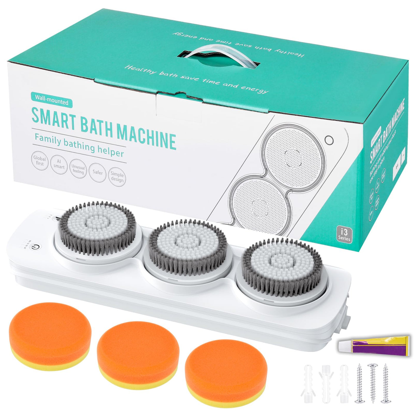 Electric Back Scrubber for Shower, Wall Mounted Electric Shower Back Scrubber, Dry Brushing Body Brush for Bathing, Cleansing, Exfoliating and Massaing, with 3 Spin Skin Bath Brush Heads