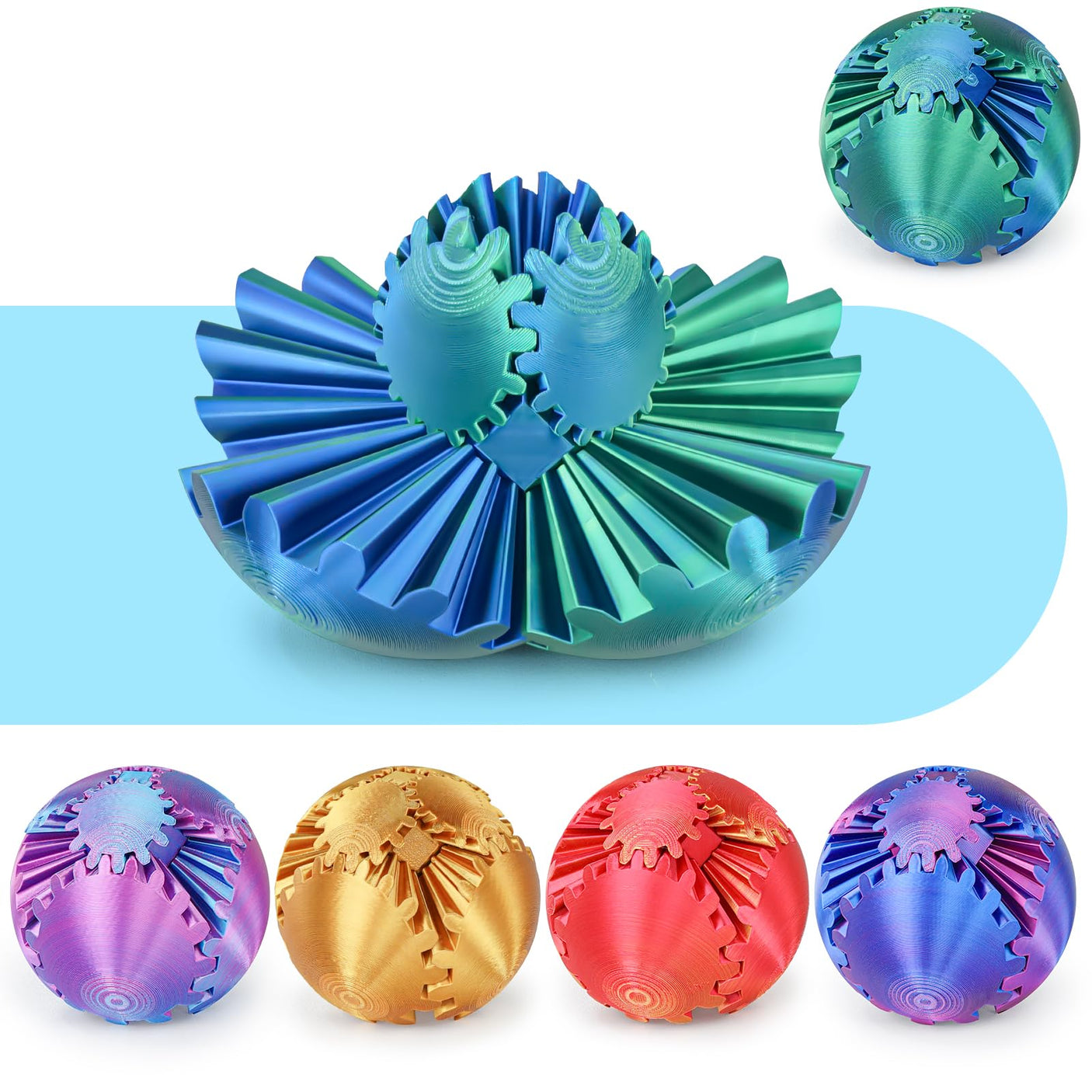 Gear Ball 3D Printed Cube Fidget Toy,Gear Sphere Fidget Toys,Sensory Toys for Stress and Anxiety Relief, Desk Toy Fidget Spinners,Stocking Stuffers for Adults & Kids Gift(Blue Green, 3.1 Inch)