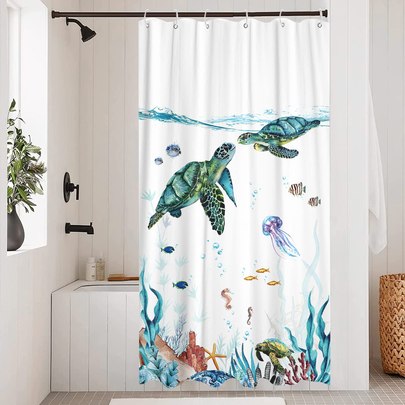 Fowocu Funny Cat Shower Curtain Set Teal Blue Sea Ocean Waterproof Fabric Shower Curtains with Animal Octopus Starfish Turtle Anchor Fish Nautical Bathroom Decor (Blue, 72''×72'')