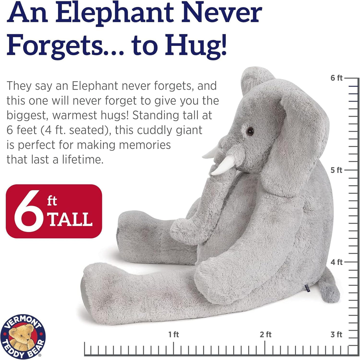 Vermont Teddy Bear Giant Elephant Stuffed Animal - 6 Foot Big Stuffed Elephant Plush from Giant Cuddle Collection - Collectible Plushies for Kids & Adults | Crafted in The USA