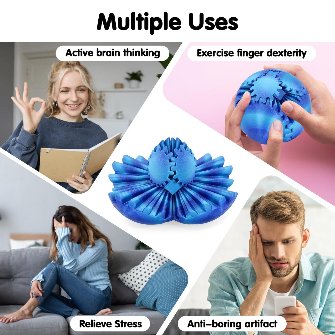 Gear Ball 3D Printed Cube Fidget Toy,Gear Sphere Fidget Toys,Sensory Toys for Stress and Anxiety Relief, Desk Toy Fidget Spinners,Stocking Stuffers for Adults & Kids Gift(Blue Green, 3.1 Inch)