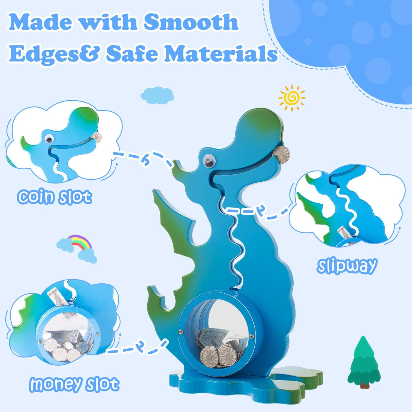Wooden Dinosaur Piggy Bank Boalord for Boys Kids Girls Clear Big Belly Animal Coin Bank for Toddler Real Money Toy(Dino-Blue)