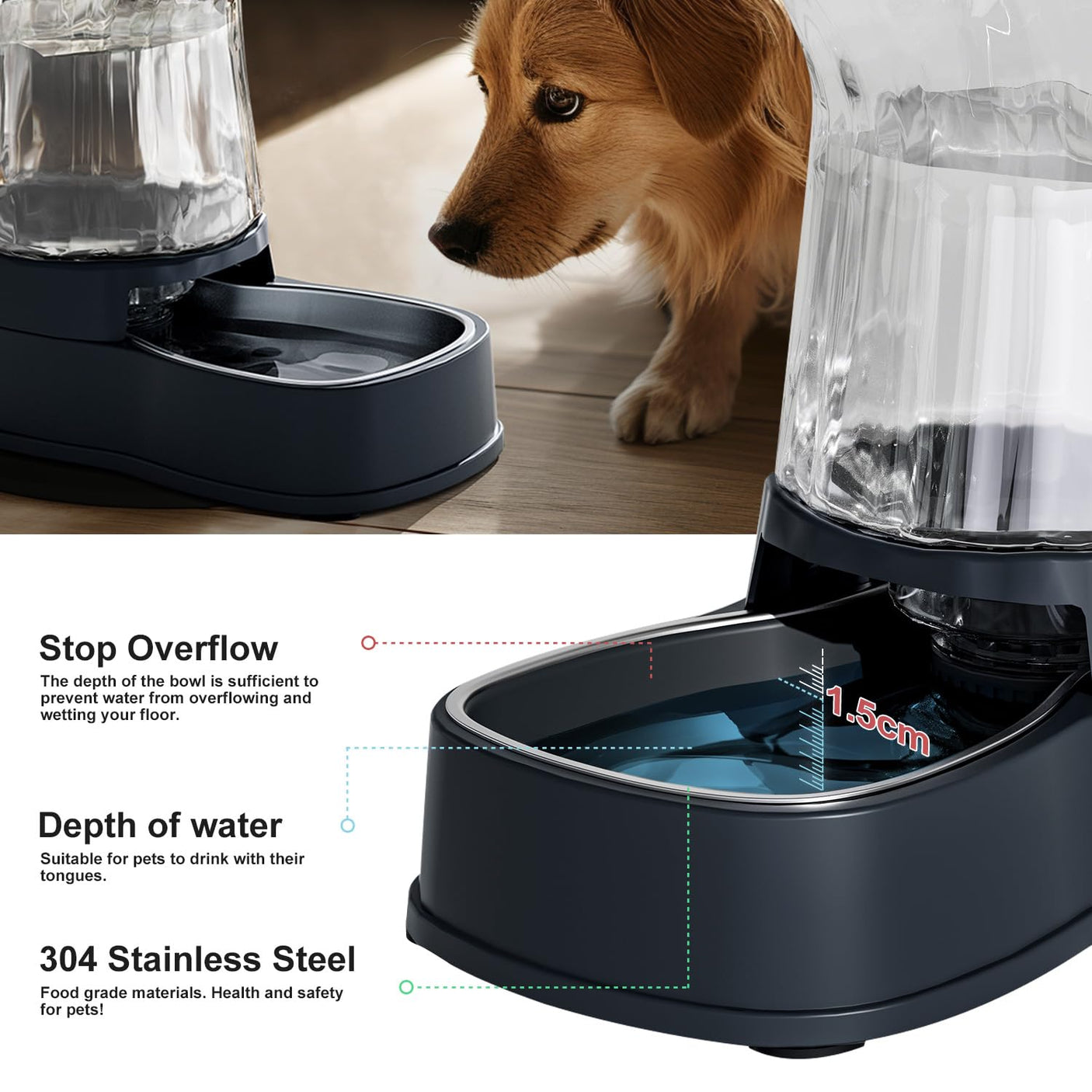 Gardner Pet Automatic Dog Water Dispenser Gravity Stainless Steel Water Waterer Feeder, 100% BPA-Free Large Capacity Water Feeding Bowls for Medium & Large-Sized Dogs Cats Other Pets -(1 Gallon)